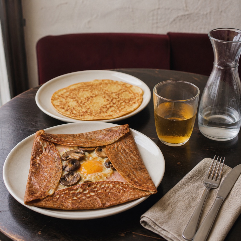 Galette complète, crêpe et cidre servis à table