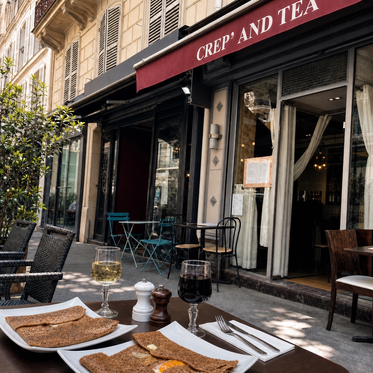 La terrasse de CRÊP’ AND TEA, rue Saint-Dominique à Paris